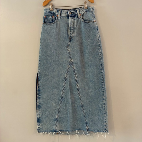 Levi's Dresses & Skirts - Levi's Denim Skirt 28 Maxi RawHem ButtonFly Boho Western Cowgirl Festival Hippie